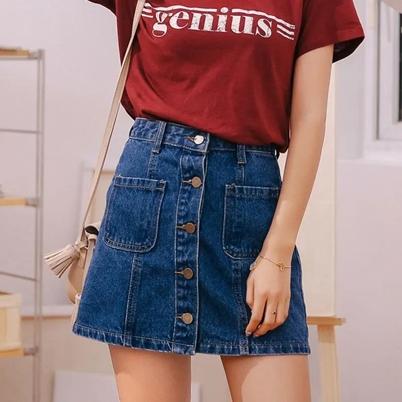 2020 Summer Button Pockets Blue Jean Skirt For Women