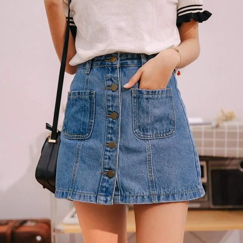2020 Summer Button Pockets Blue Jean Skirt For Women