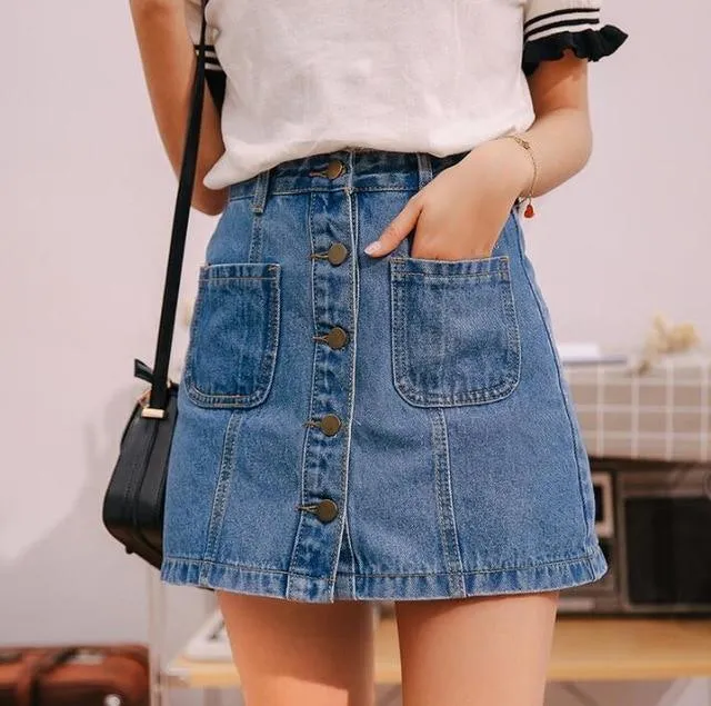 2020 Summer Button Pockets Blue Jean Skirt For Women