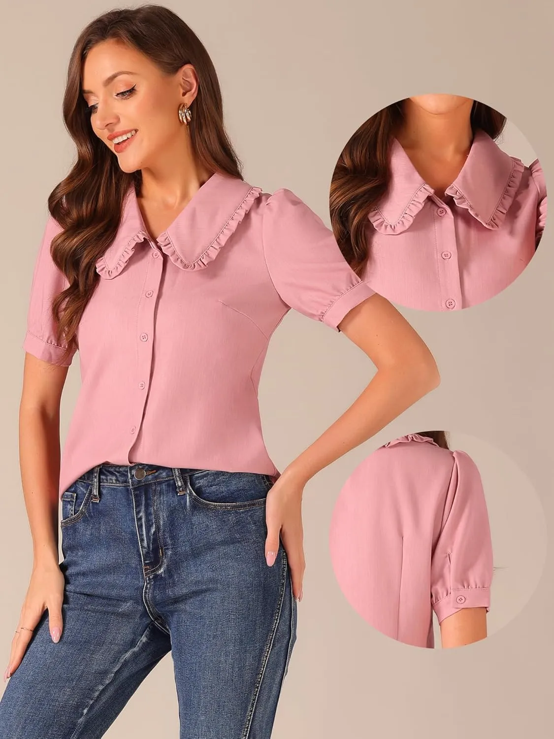 Allegra K Chambray Shirt for Women's Peter Pan Collar Puff Sleeve Vintage Denim Blouse