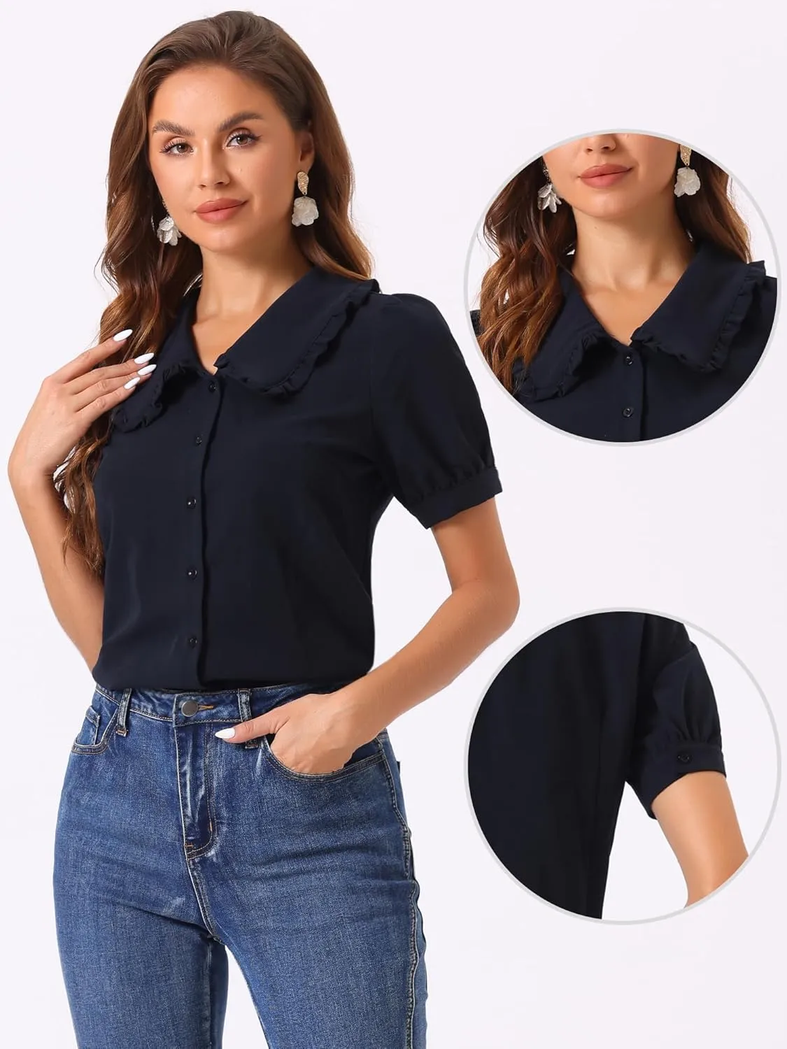 Allegra K Chambray Shirt for Women's Peter Pan Collar Puff Sleeve Vintage Denim Blouse