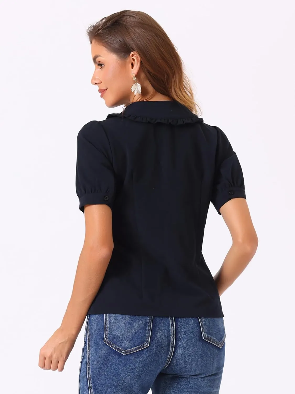 Allegra K Chambray Shirt for Women's Peter Pan Collar Puff Sleeve Vintage Denim Blouse