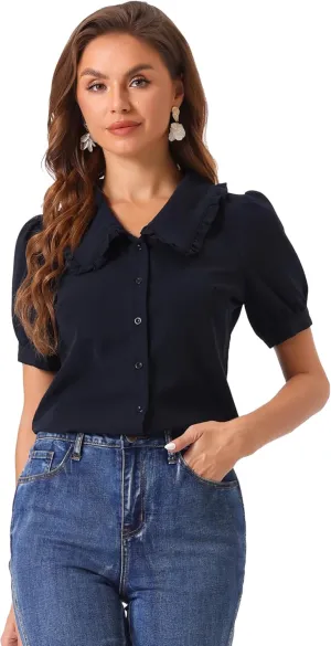 Allegra K Chambray Shirt for Women's Peter Pan Collar Puff Sleeve Vintage Denim Blouse