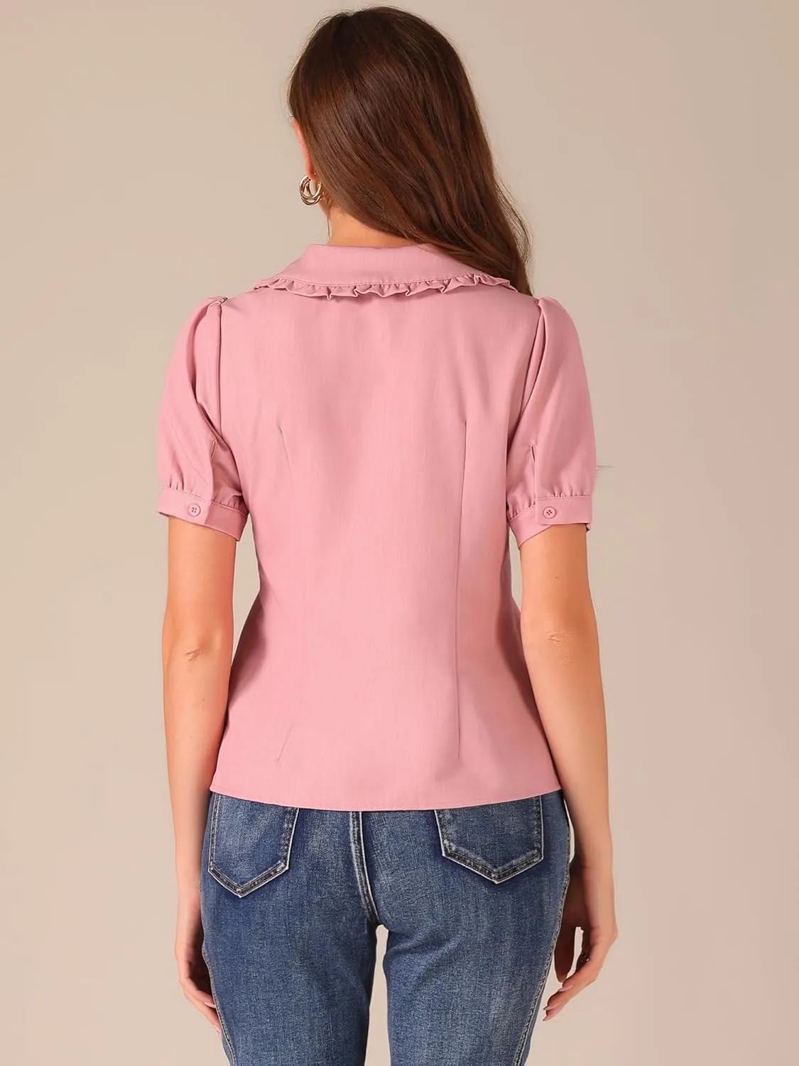 Allegra K Chambray Shirt for Women's Peter Pan Collar Puff Sleeve Vintage Denim Blouse