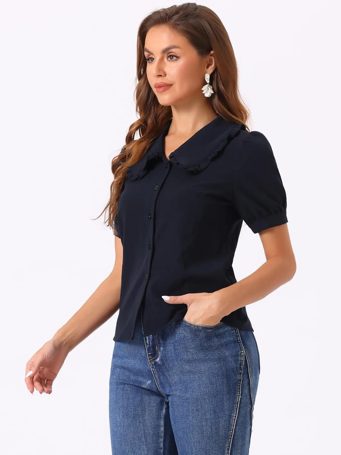 Allegra K Chambray Shirt for Women's Peter Pan Collar Puff Sleeve Vintage Denim Blouse