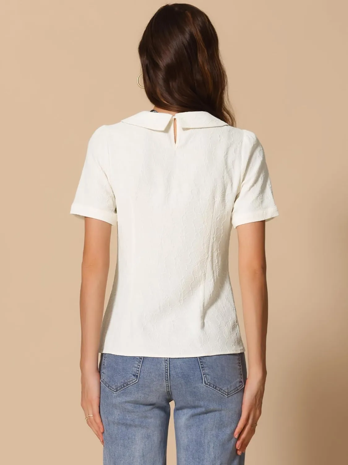 Allegra K Peter Pan Collar Blouse for Women's Floral Jacquard Puff Short Sleeve Kawaii Top