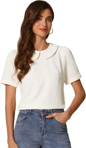 Allegra K Peter Pan Collar Blouse for Women's Floral Jacquard Puff Short Sleeve Kawaii Top