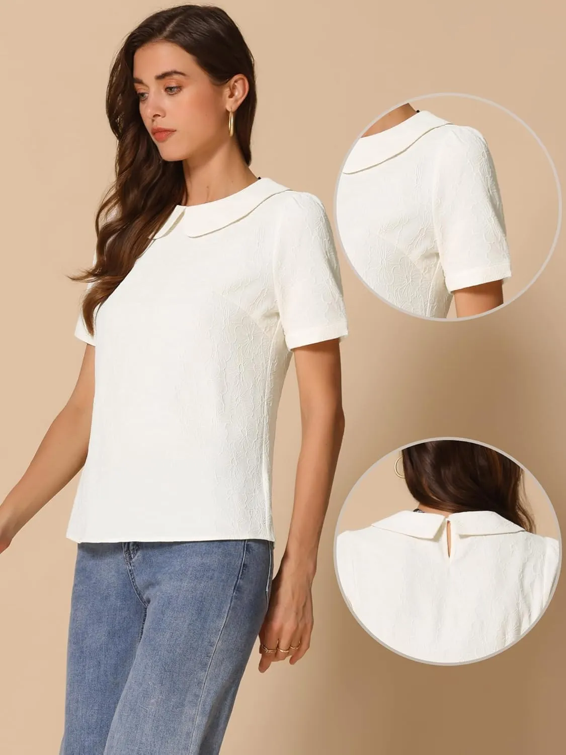 Allegra K Peter Pan Collar Blouse for Women's Floral Jacquard Puff Short Sleeve Kawaii Top