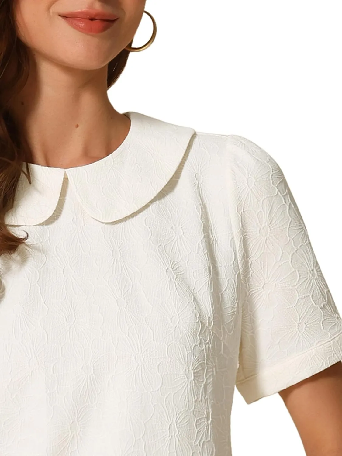 Allegra K Peter Pan Collar Blouse for Women's Floral Jacquard Puff Short Sleeve Kawaii Top