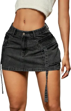Avanova Women Denim Jean Cargo Mini Skirt Low Rise Sexy Pockets Short Skirt Black C X-Large