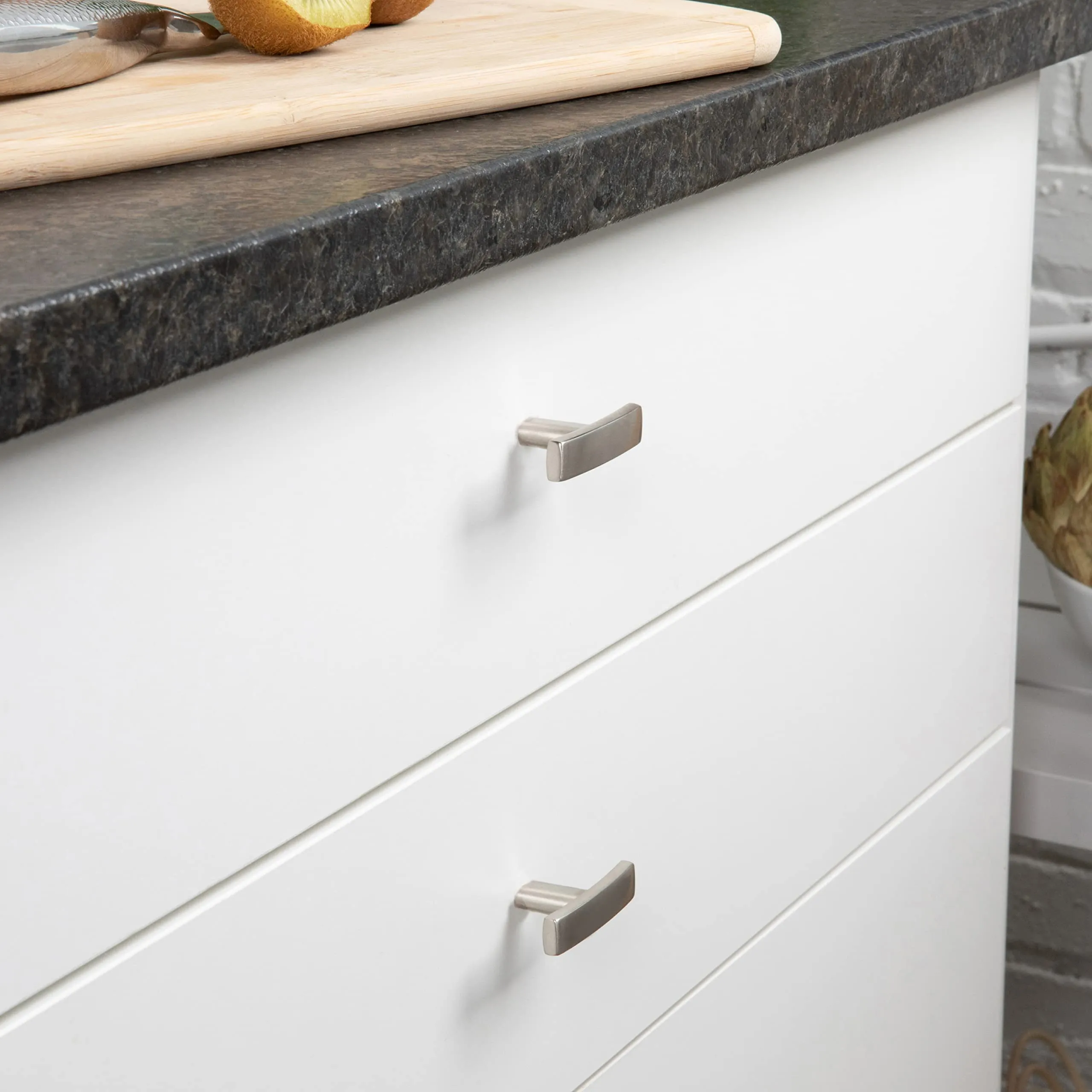 Aviano Modern Curved Subtle Arch Handle Pull (T- Knob, Satin Nickel