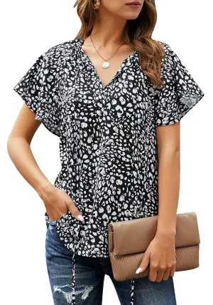 Black Tie-Up Neckline Flared Short Sleeves Printed Top