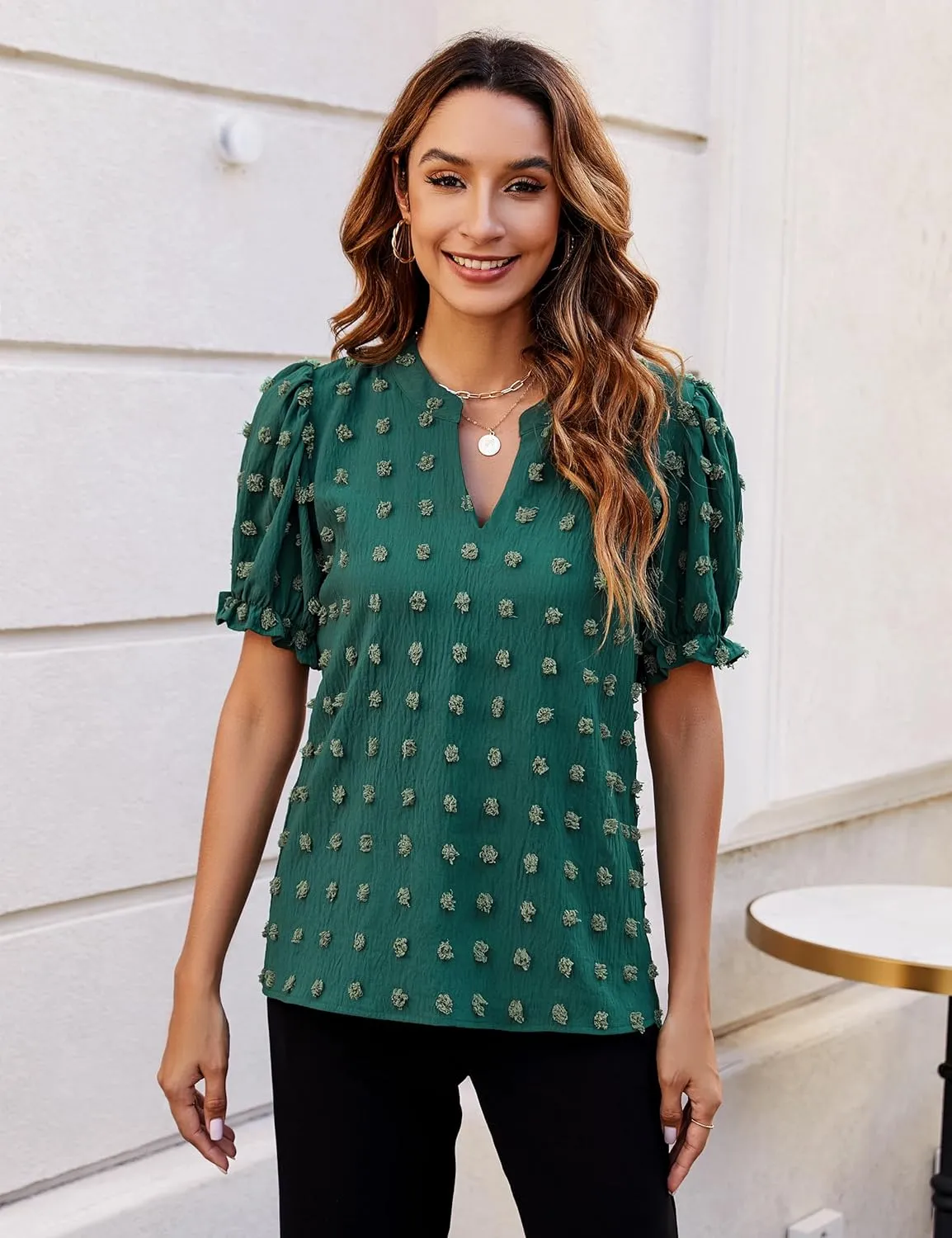 Blooming Jelly Women's Puff Sleeve Casual Tops Fashion White Polka Dot Blouses Dressy Ladies Summer Tops