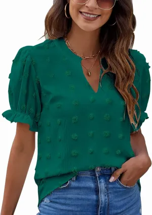 Blooming Jelly Women's Puff Sleeve Casual Tops Fashion White Polka Dot Blouses Dressy Ladies Summer Tops