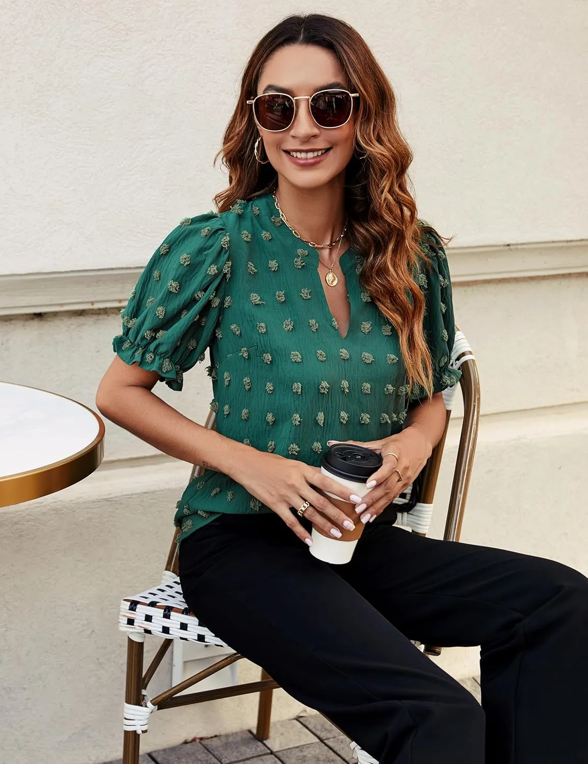 Blooming Jelly Women's Puff Sleeve Casual Tops Fashion White Polka Dot Blouses Dressy Ladies Summer Tops