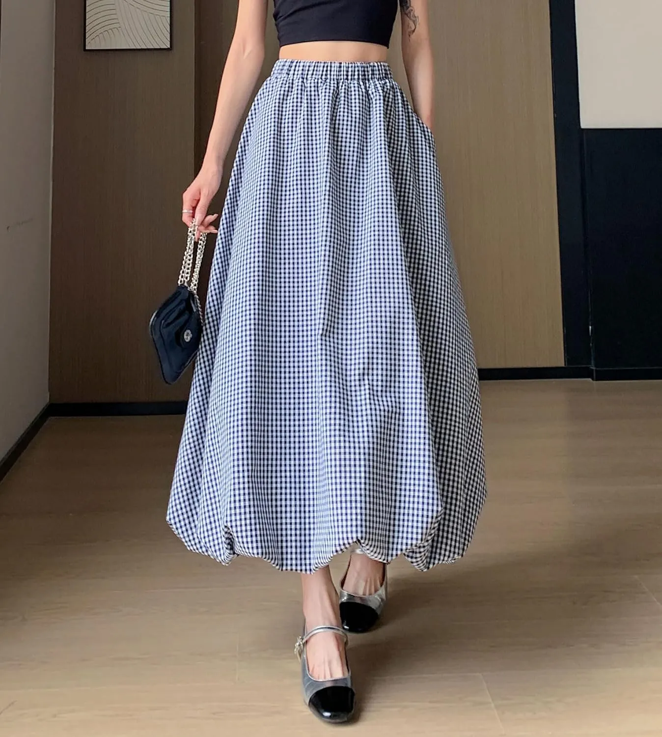 chouyatou Women's Retro Plaid Bubble Puffy Skirt High Elastic Waist A Line Swing Midi Long Skirt with Pockets