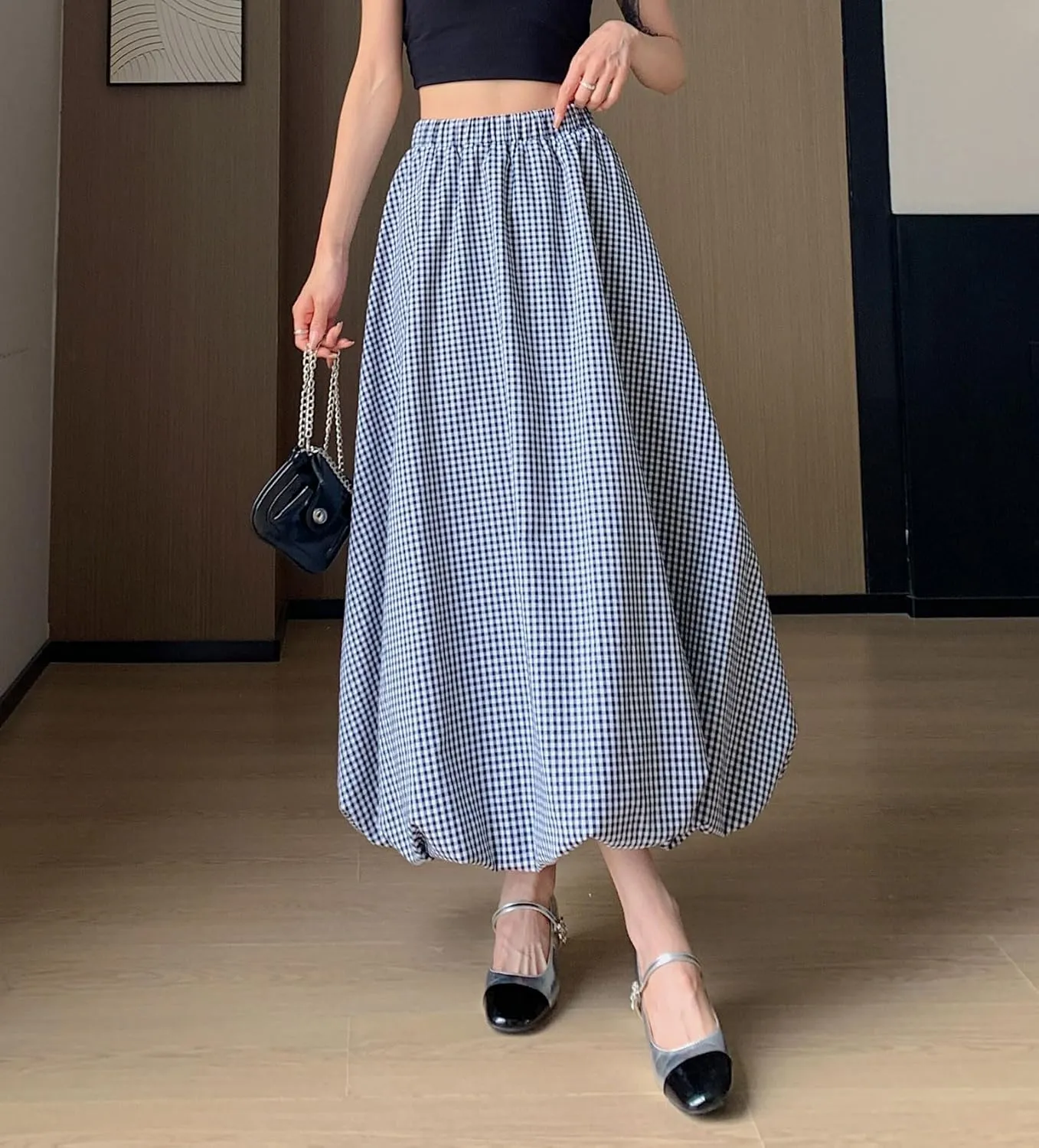 chouyatou Women's Retro Plaid Bubble Puffy Skirt High Elastic Waist A Line Swing Midi Long Skirt with Pockets