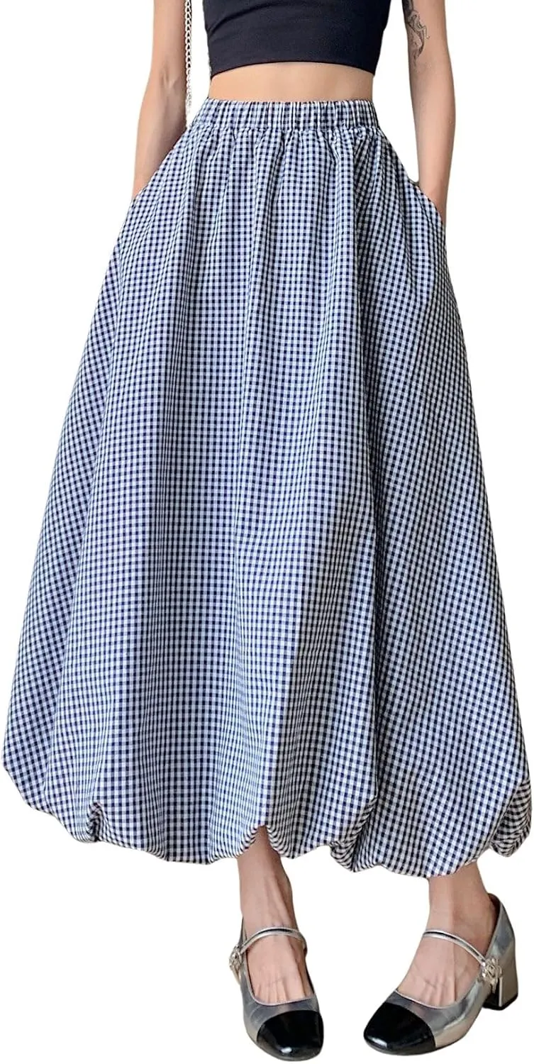 chouyatou Women's Retro Plaid Bubble Puffy Skirt High Elastic Waist A Line Swing Midi Long Skirt with Pockets