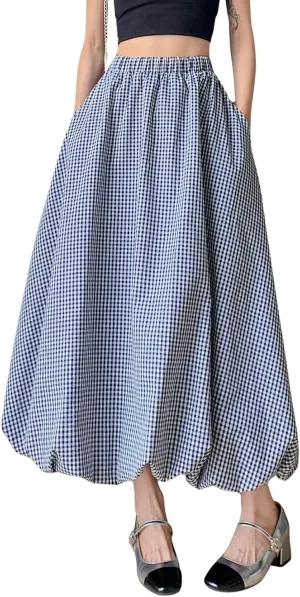 chouyatou Women's Retro Plaid Bubble Puffy Skirt High Elastic Waist A Line Swing Midi Long Skirt with Pockets