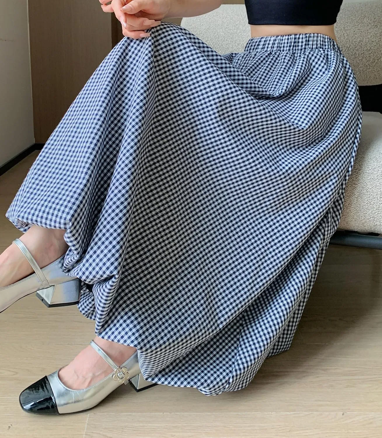 chouyatou Women's Retro Plaid Bubble Puffy Skirt High Elastic Waist A Line Swing Midi Long Skirt with Pockets