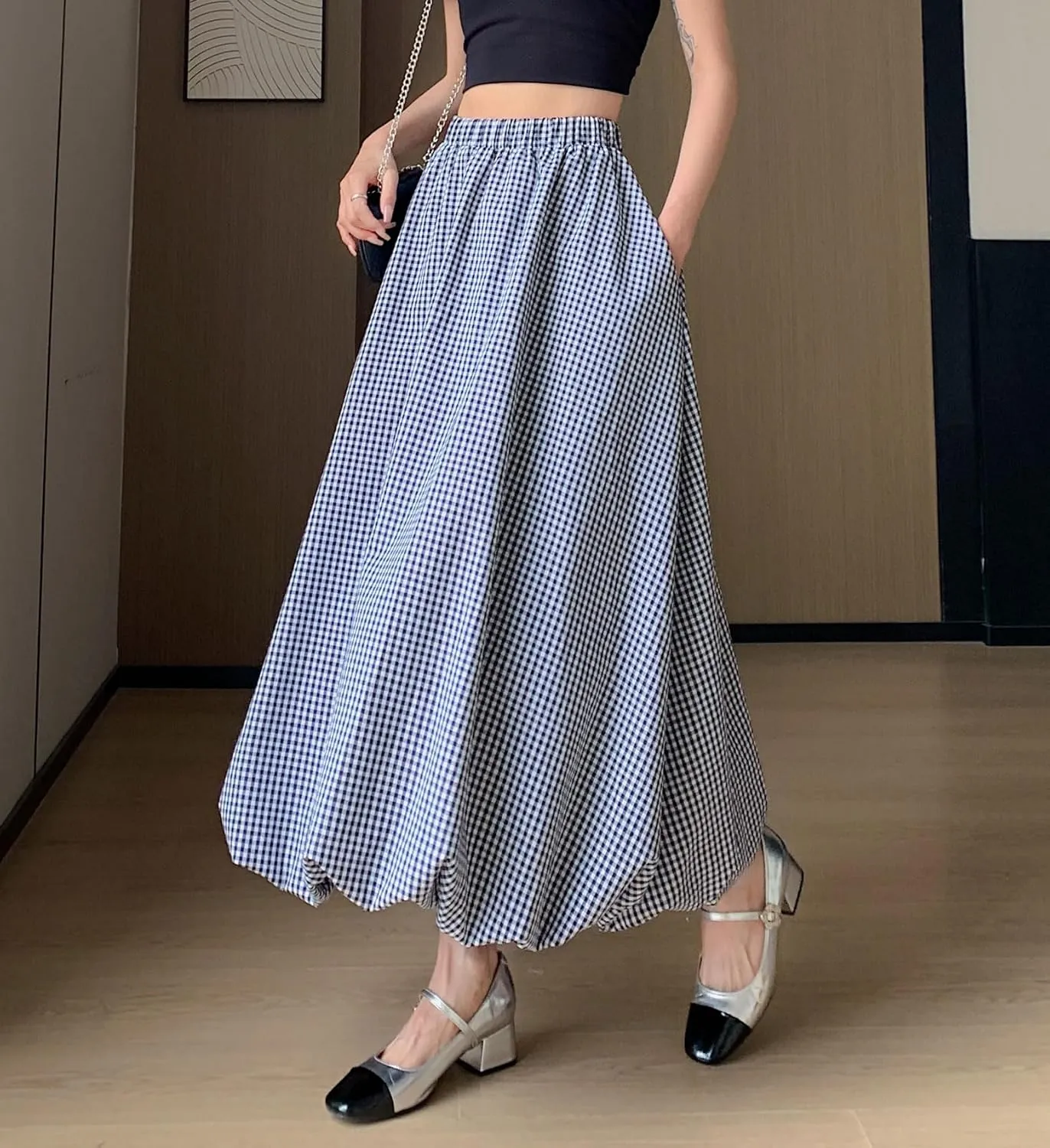 chouyatou Women's Retro Plaid Bubble Puffy Skirt High Elastic Waist A Line Swing Midi Long Skirt with Pockets