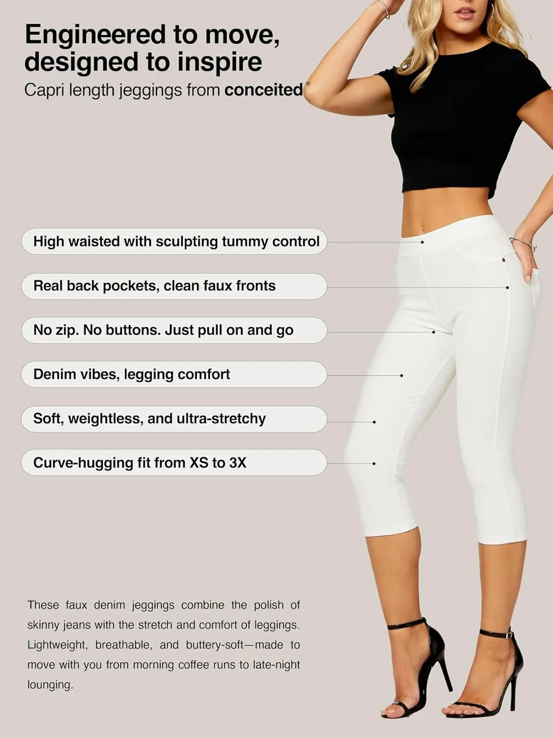 Conceited Jeggings for Women with Pockets - High Waist - Tummy Control Shaping - Regular and Plus Size
