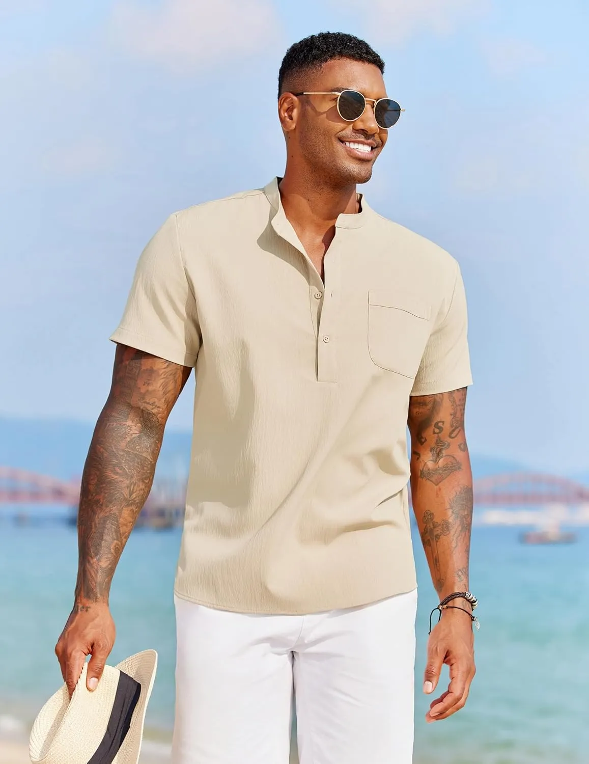 COOFANDY Men's White Solid Casual Short Sleeve Band Collar Henley Shirt with Pocket