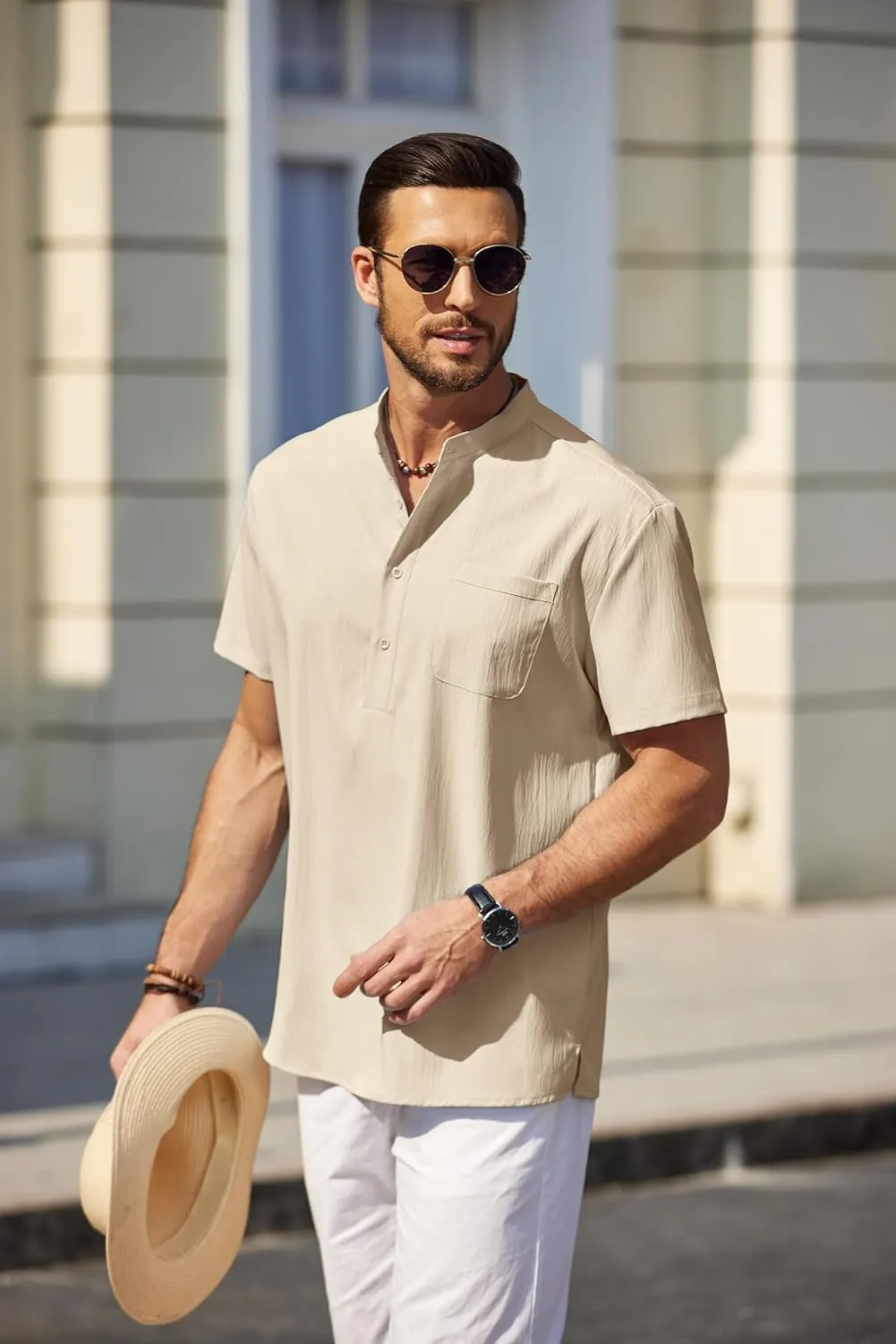 COOFANDY Men's White Solid Casual Short Sleeve Band Collar Henley Shirt with Pocket