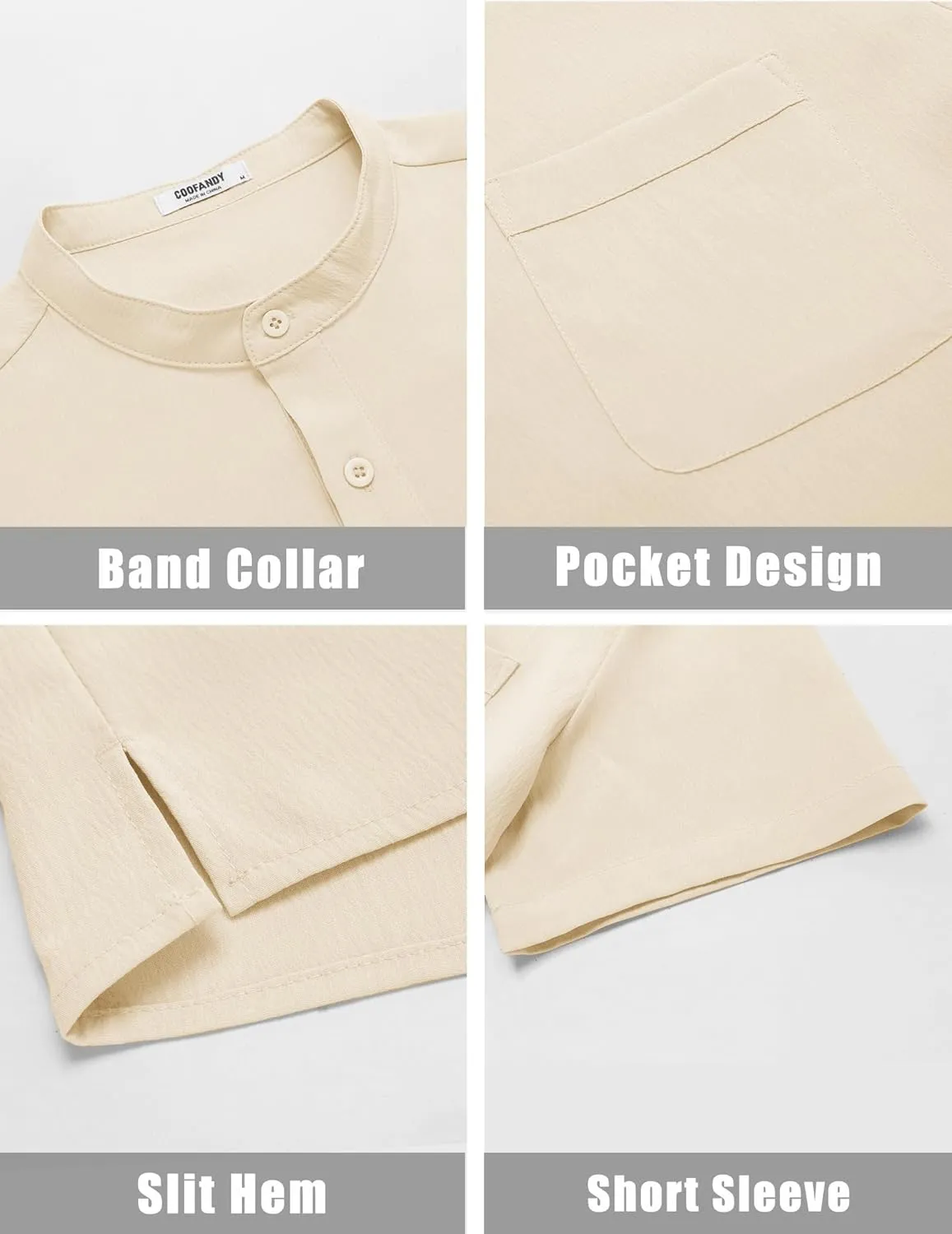 COOFANDY Men's White Solid Casual Short Sleeve Band Collar Henley Shirt with Pocket