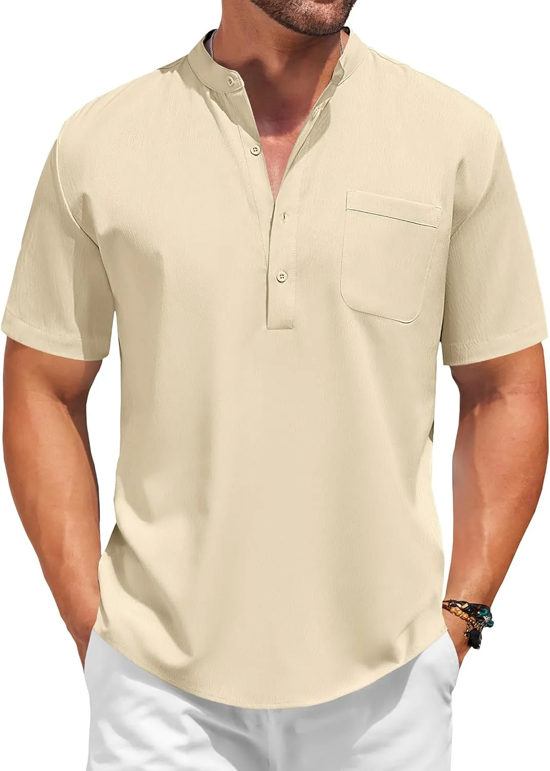 COOFANDY Men's White Solid Casual Short Sleeve Band Collar Henley Shirt with Pocket