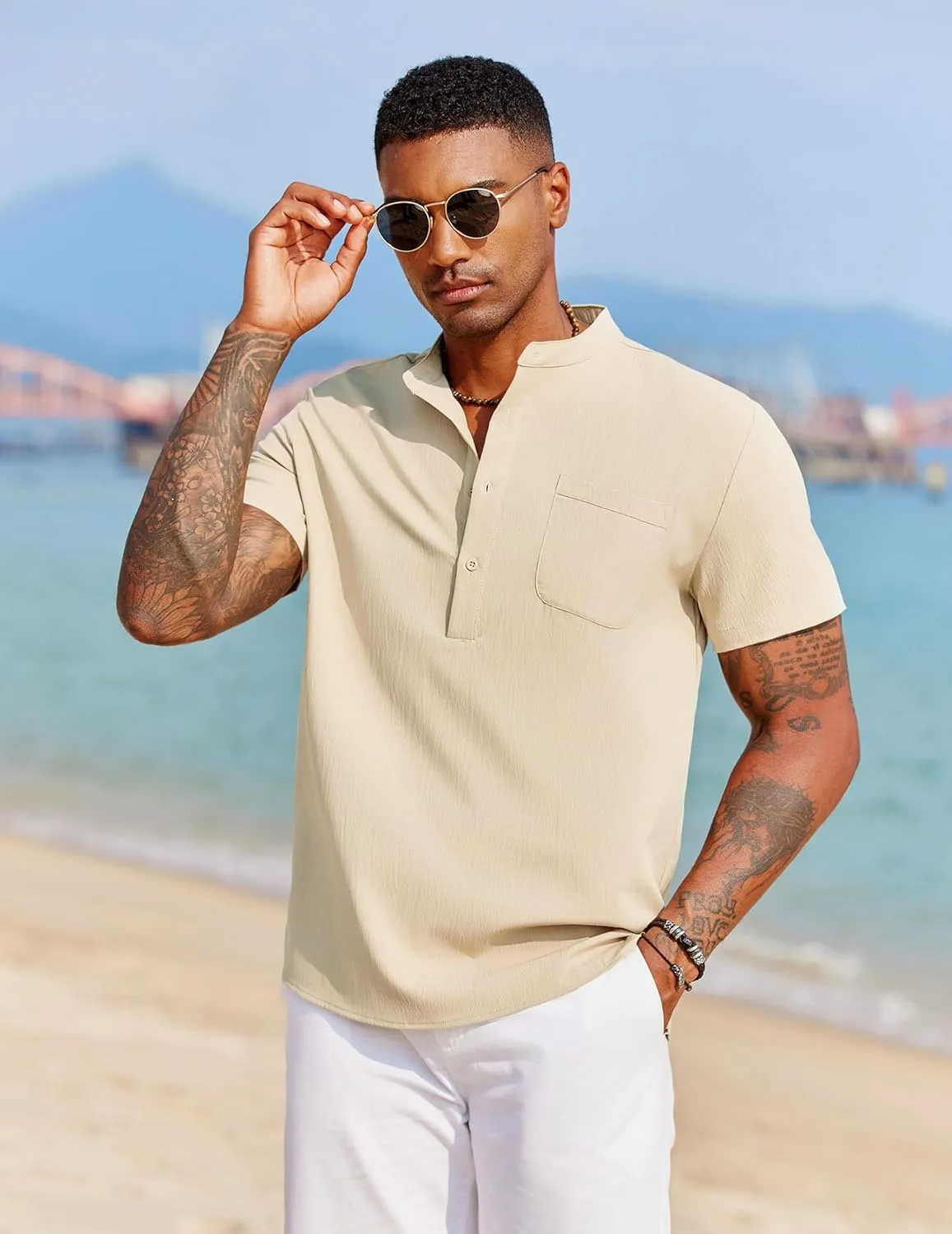 COOFANDY Men's White Solid Casual Short Sleeve Band Collar Henley Shirt with Pocket
