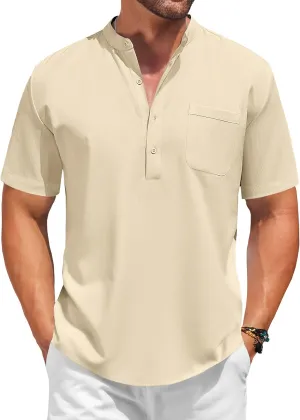 COOFANDY Men's White Solid Casual Short Sleeve Band Collar Henley Shirt with Pocket