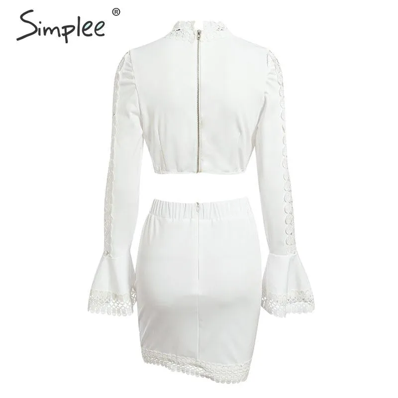 Elegant lace bodycon White 2 piece hollow out autumn dress suit Winter party club short party dresses