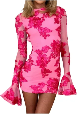 HGps8w Women's Floral Embroidered Sexy Bodycon Cocktail Dresses - Mesh Bell Long Sleeve Evening Party Club Mini Dress