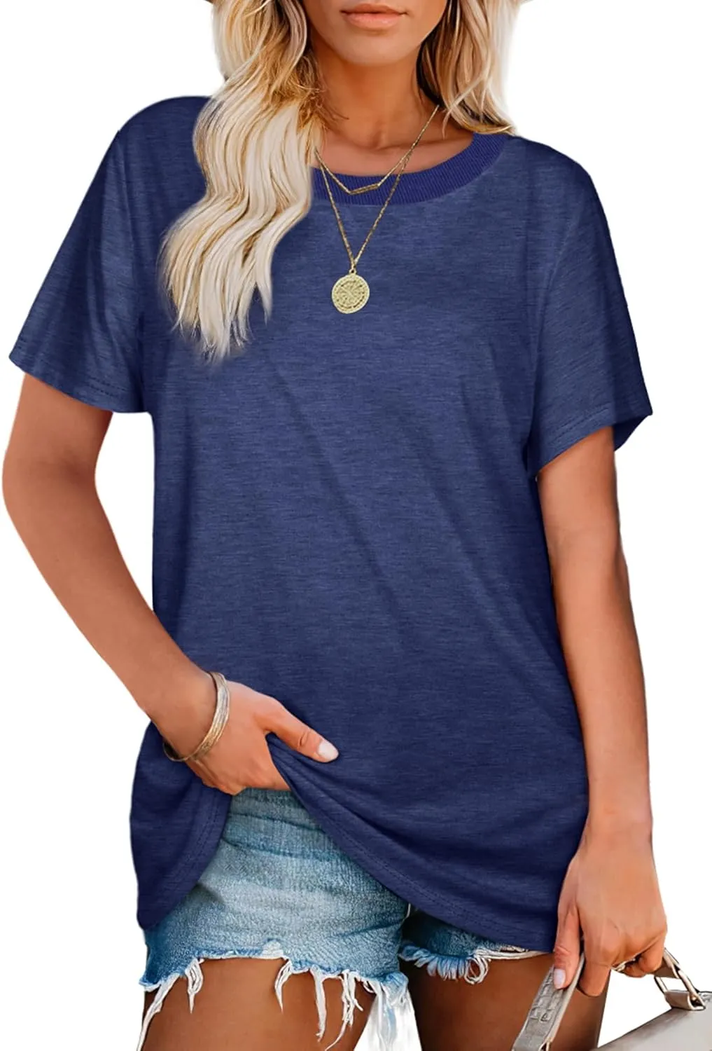 Jescakoo Womens Tops Summer Short Sleeve Ribbed Trim Crewneck T Shirts Fashion Basic Tee