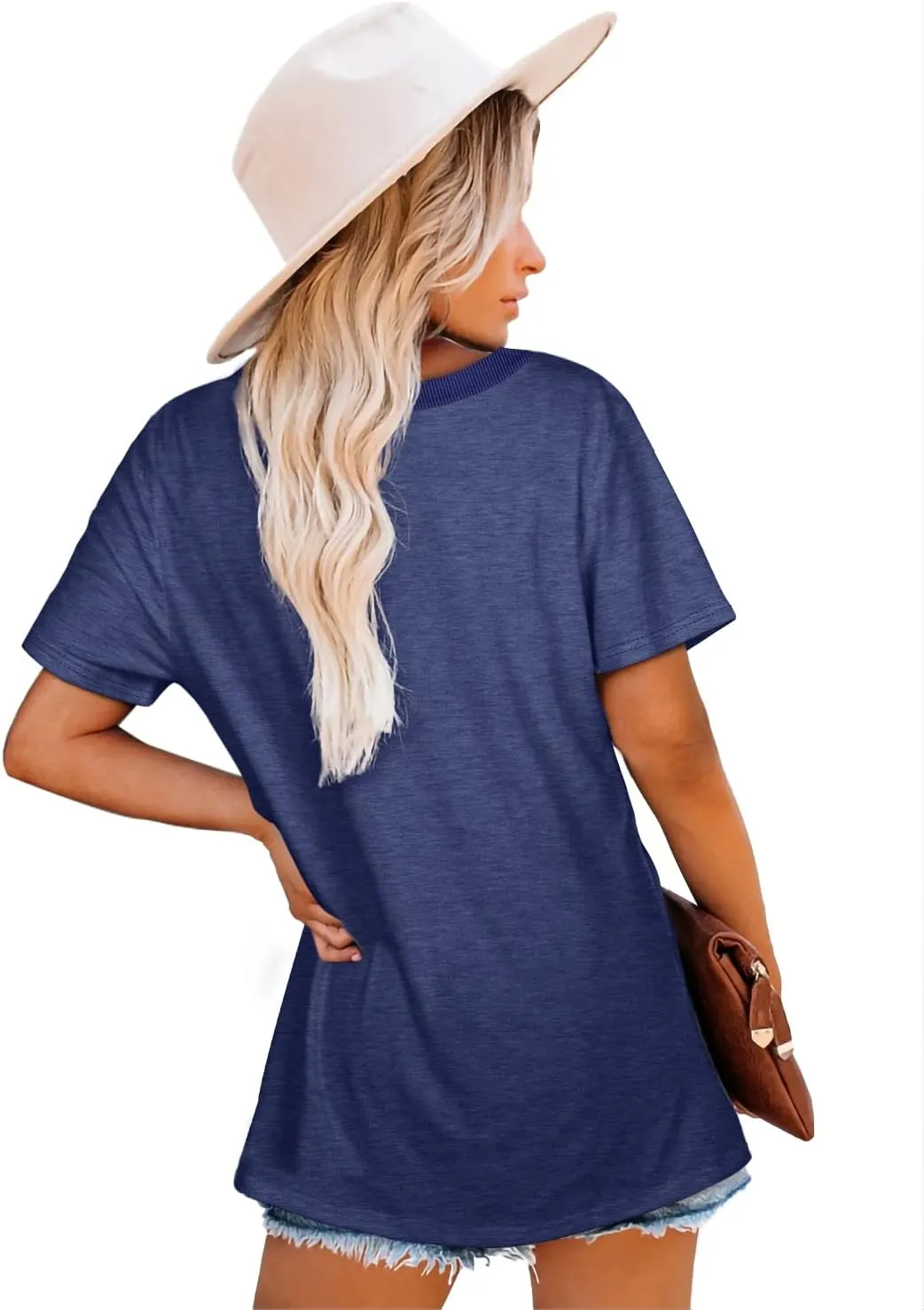 Jescakoo Womens Tops Summer Short Sleeve Ribbed Trim Crewneck T Shirts Fashion Basic Tee