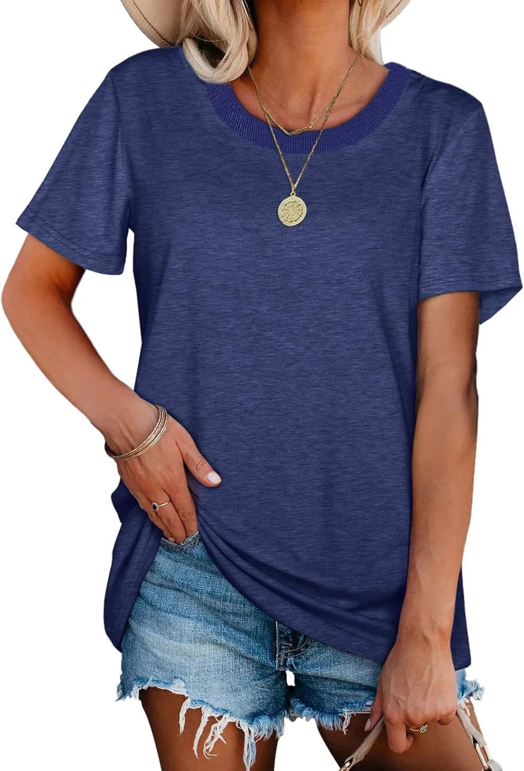 Jescakoo Womens Tops Summer Short Sleeve Ribbed Trim Crewneck T Shirts Fashion Basic Tee