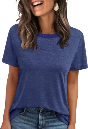 Jescakoo Womens Tops Summer Short Sleeve Ribbed Trim Crewneck T Shirts Fashion Basic Tee
