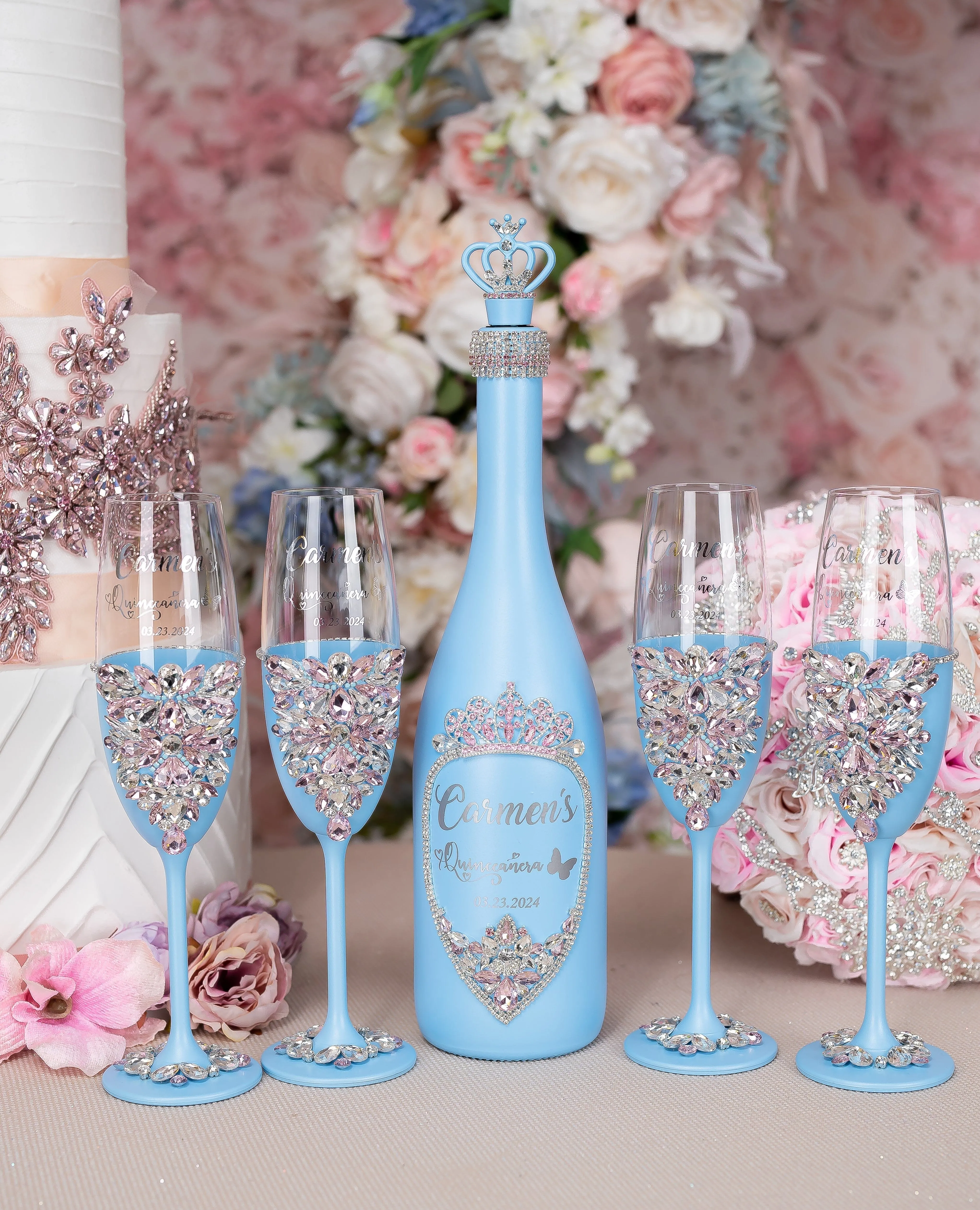 Light Blue with Pink quinceanera bottle with 2 glasses
