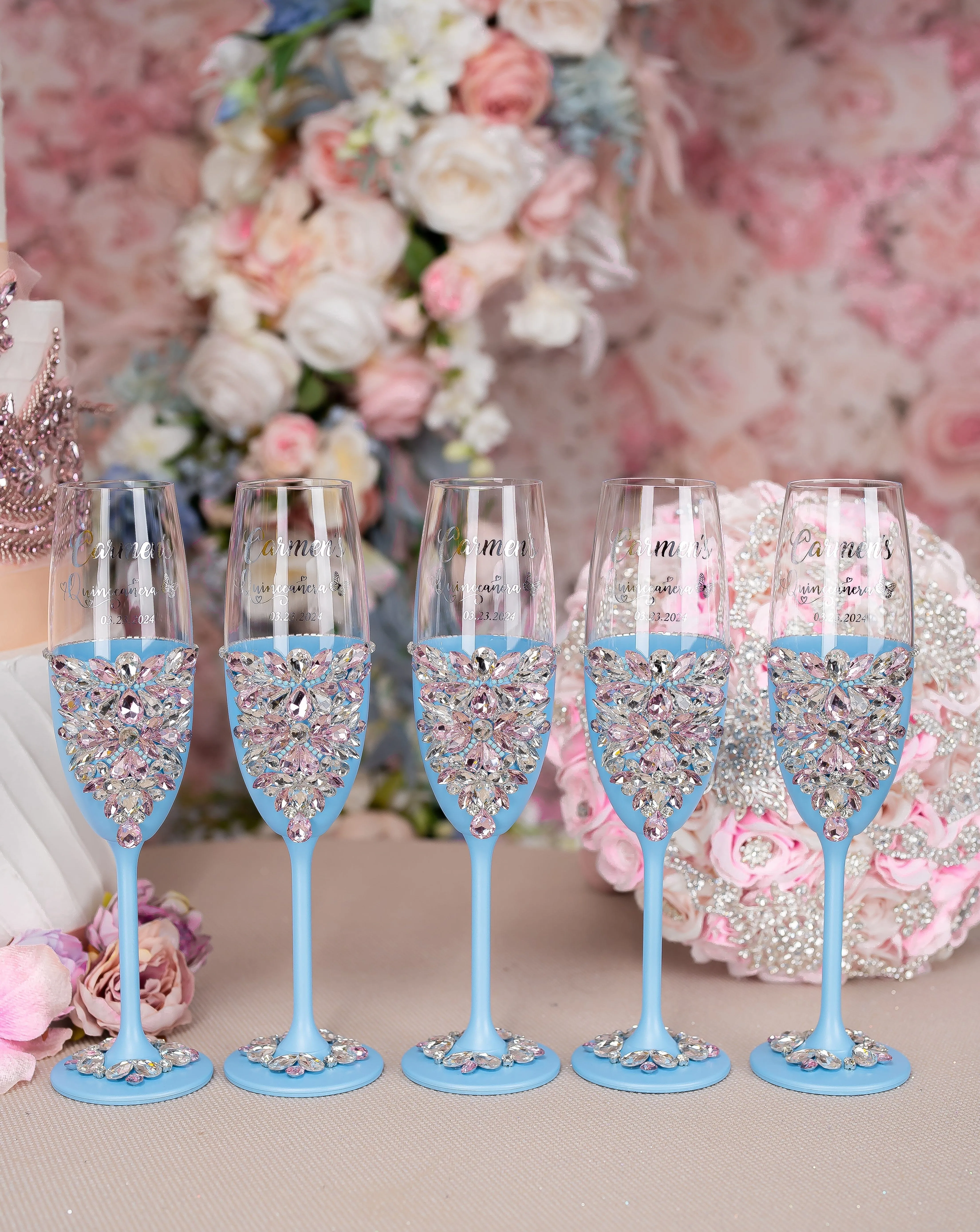 Light Blue with Pink quinceanera bottle with 2 glasses