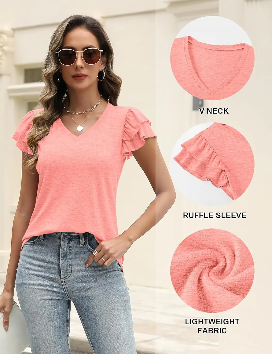 LUYAA Women's Ruffle Short Sleeve Tunic Tops V Neck Knit Ribbed T Shirts Blouses