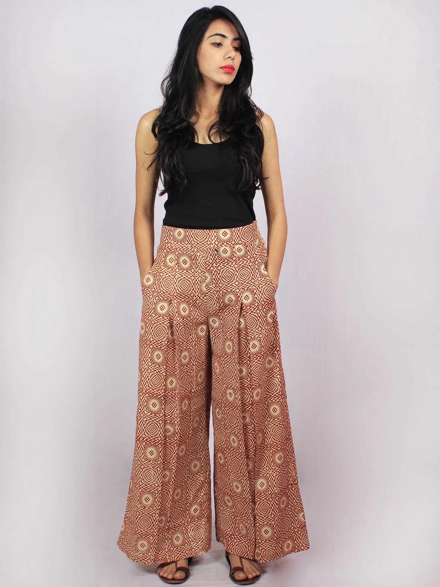 Maroon Beige Hand Block Printed Semi Elasticated Waist Pleated Cotton Palazzo - P1117086