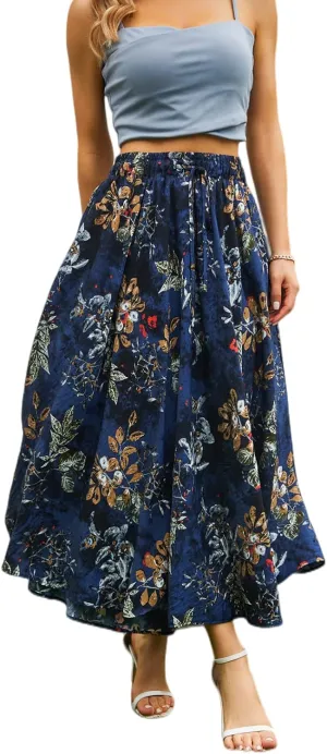 Maxi Skirts for Women with Pockets Long Midi Length Casual Skirt for Holiday Blue Floral