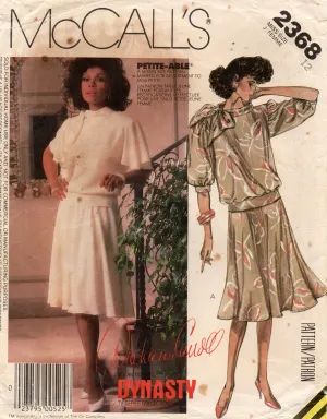 McCall's 2368 DYNASTY COLLECTION Womens Puff or Flutter Sleeved Top & Skirt 1980s Vintage Sewing Pattern Size 12 Bust 34 inches