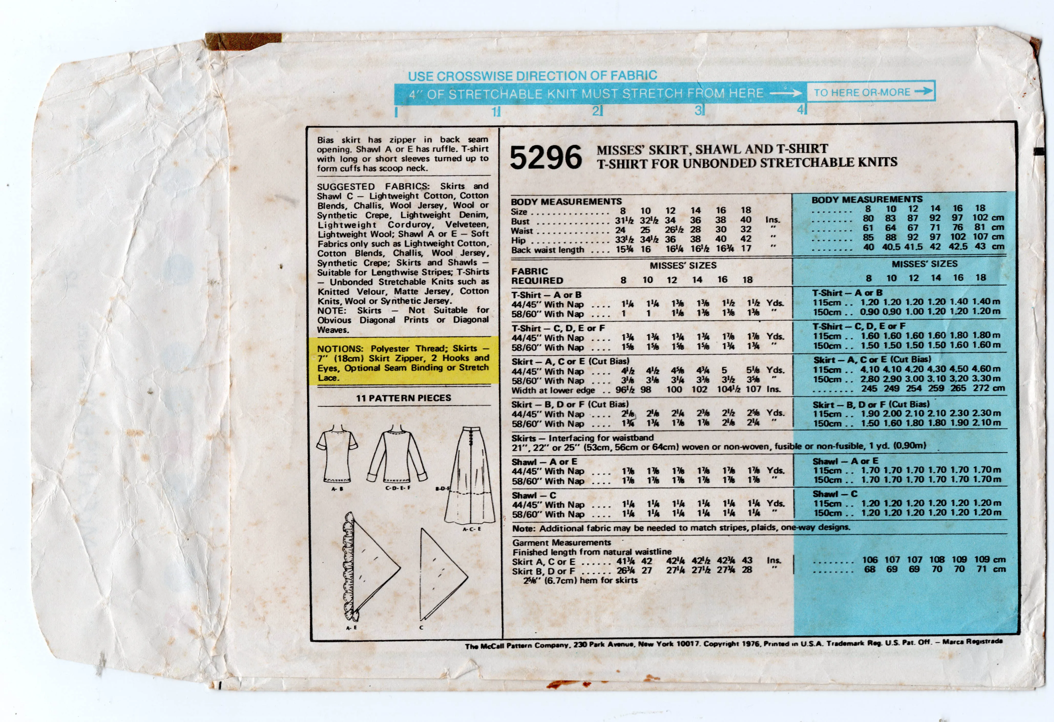 McCall's 5296 Womens T Shirt Bias Skirts & Shawl 1970s Vintage Sewing Pattern Size 12 Bust 34 inches