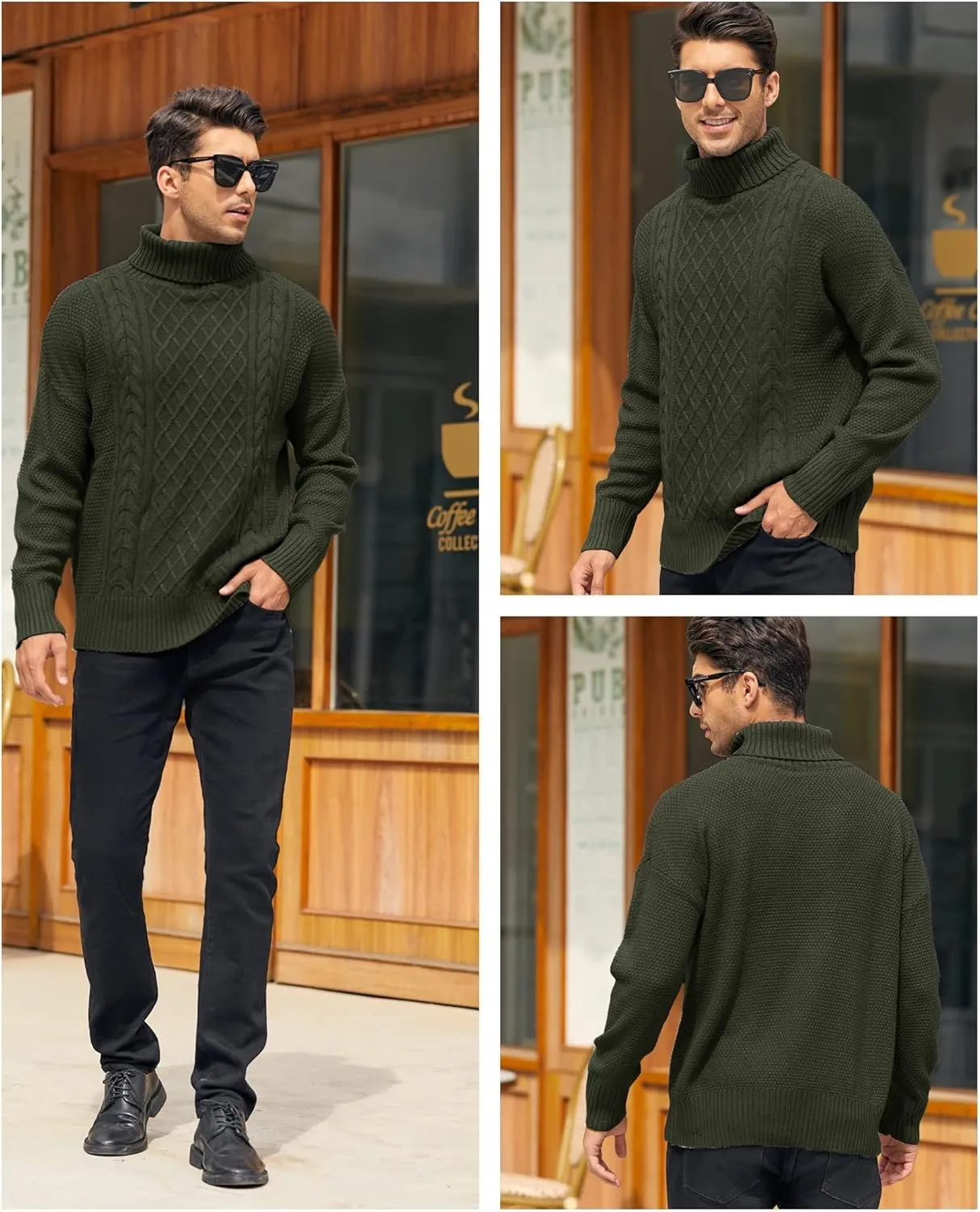 Mens Turtleneck Sweater Pullover Twisted Pattern Casual Loose Fit Thick Winter Long Sleeve Cable Knit Sweaters