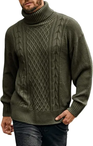Mens Turtleneck Sweater Pullover Twisted Pattern Casual Loose Fit Thick Winter Long Sleeve Cable Knit Sweaters