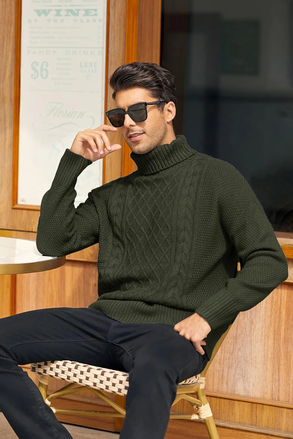 Mens Turtleneck Sweater Pullover Twisted Pattern Casual Loose Fit Thick Winter Long Sleeve Cable Knit Sweaters