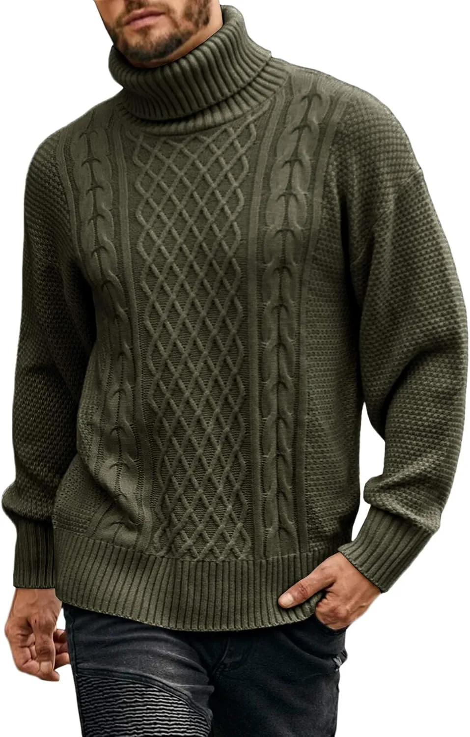 Mens Turtleneck Sweater Pullover Twisted Pattern Casual Loose Fit Thick Winter Long Sleeve Cable Knit Sweaters