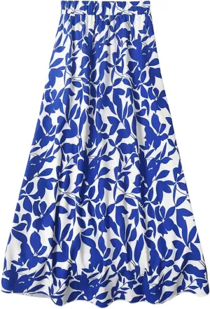 Milumia Women's Vintage Printed A Line High Waist Flare Flowy Casual Midi Skirts